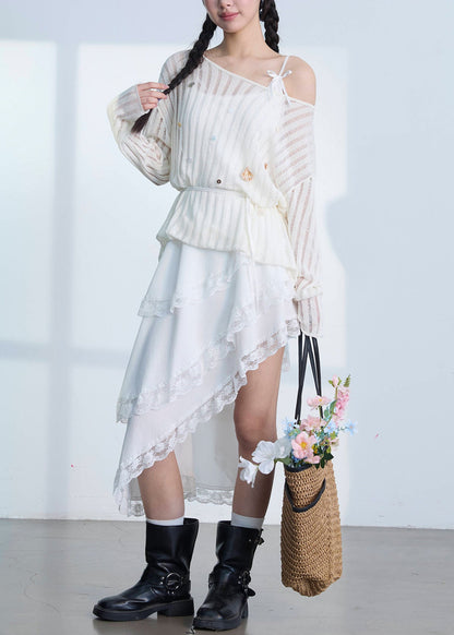 Chic White Asymmetrical Lace Patchwork Cotton Spaghetti Strap Dresses Summer