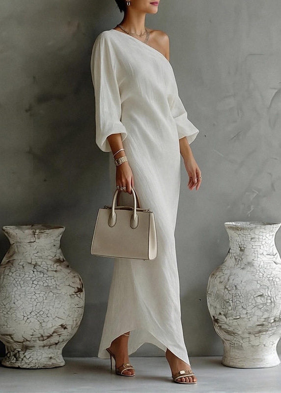 Chic White Asymmetrical One Shoulder Maxi Dresses Fall