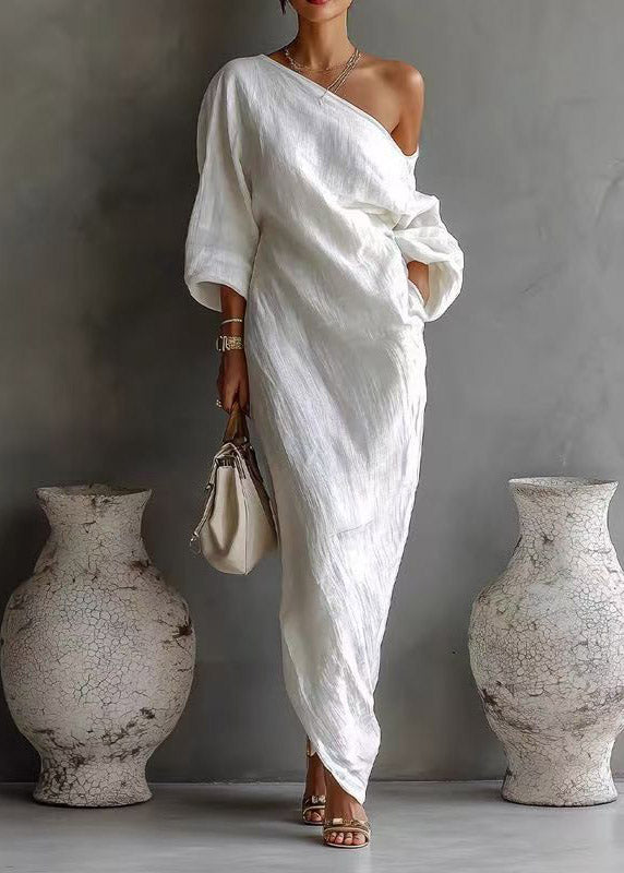 Chic White Asymmetrical One Shoulder Maxi Dresses Fall