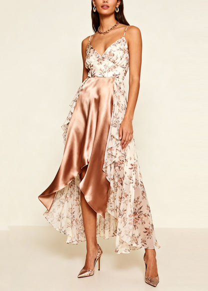 Chic White Asymmetrical Patchwork Print Chiffon Holiday Beach Dress Summer