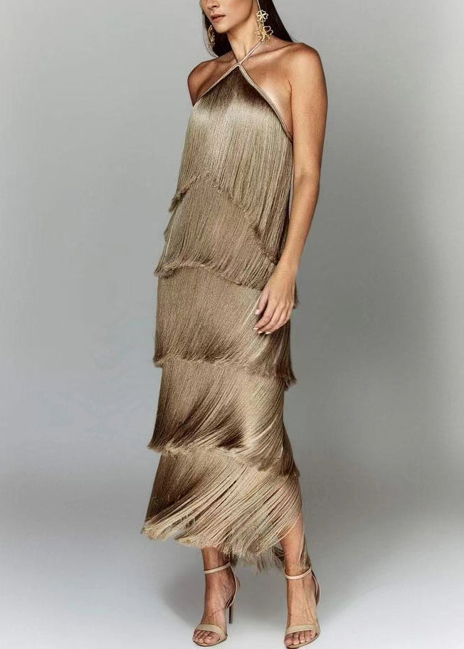 Chic White Backless Tasseled Halter Dress Summer