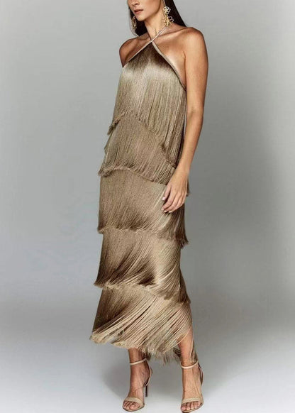 Chic White Backless Tasseled Halter Dress Summer