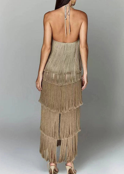 Chic White Backless Tasseled Halter Dress Summer