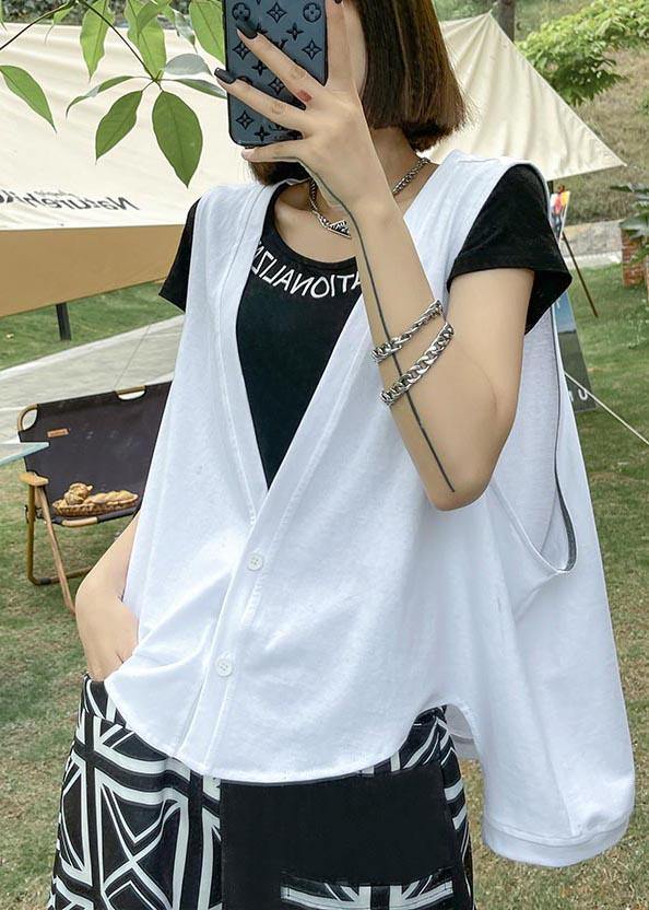 Chic White Button low high design Sleeveless waistcoat Summer - SooLinen