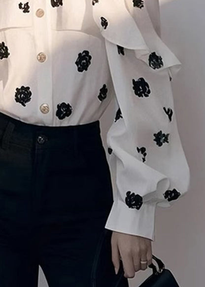 Chic White Cold Shoulder Print Chiffon Shirt Fall
