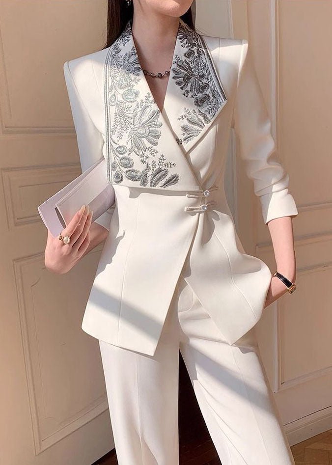 Chic White Embroidered Blazer Jackets Coat And Pants Two Pieces Set Fall