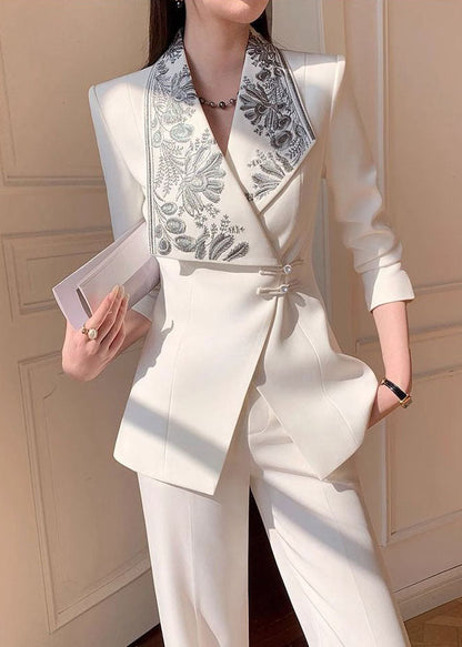 Chic White Embroidered Blazer Jackets Coat And Pants Two Pieces Set Fall