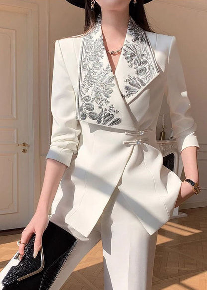 Chic White Embroidered Blazer Jackets Coat And Pants Two Pieces Set Fall