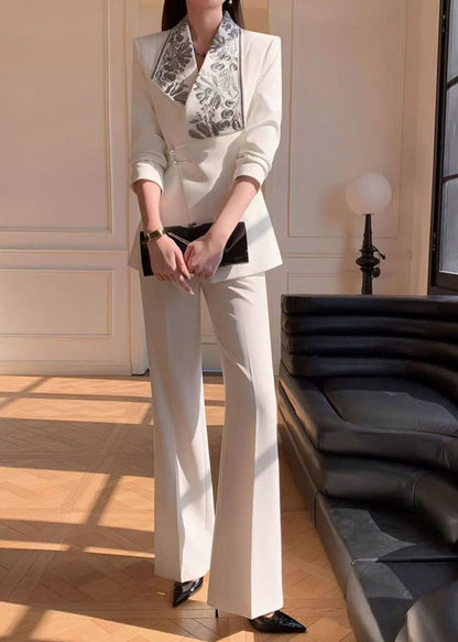 Chic White Embroidered Blazer Jackets Coat And Pants Two Pieces Set Fall