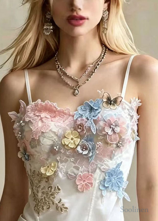 Chic White Embroideried Floral Butterfly Satin Tops Summer