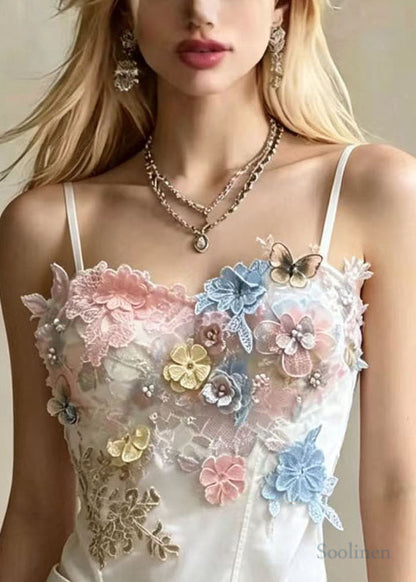 Chic White Embroideried Floral Butterfly Satin Tops Summer