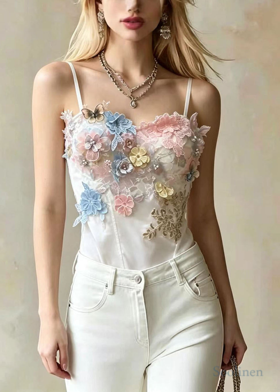 Chic White Embroideried Floral Butterfly Satin Tops Summer