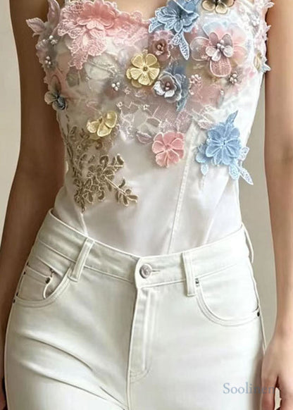 Chic White Embroideried Floral Butterfly Satin Tops Summer
