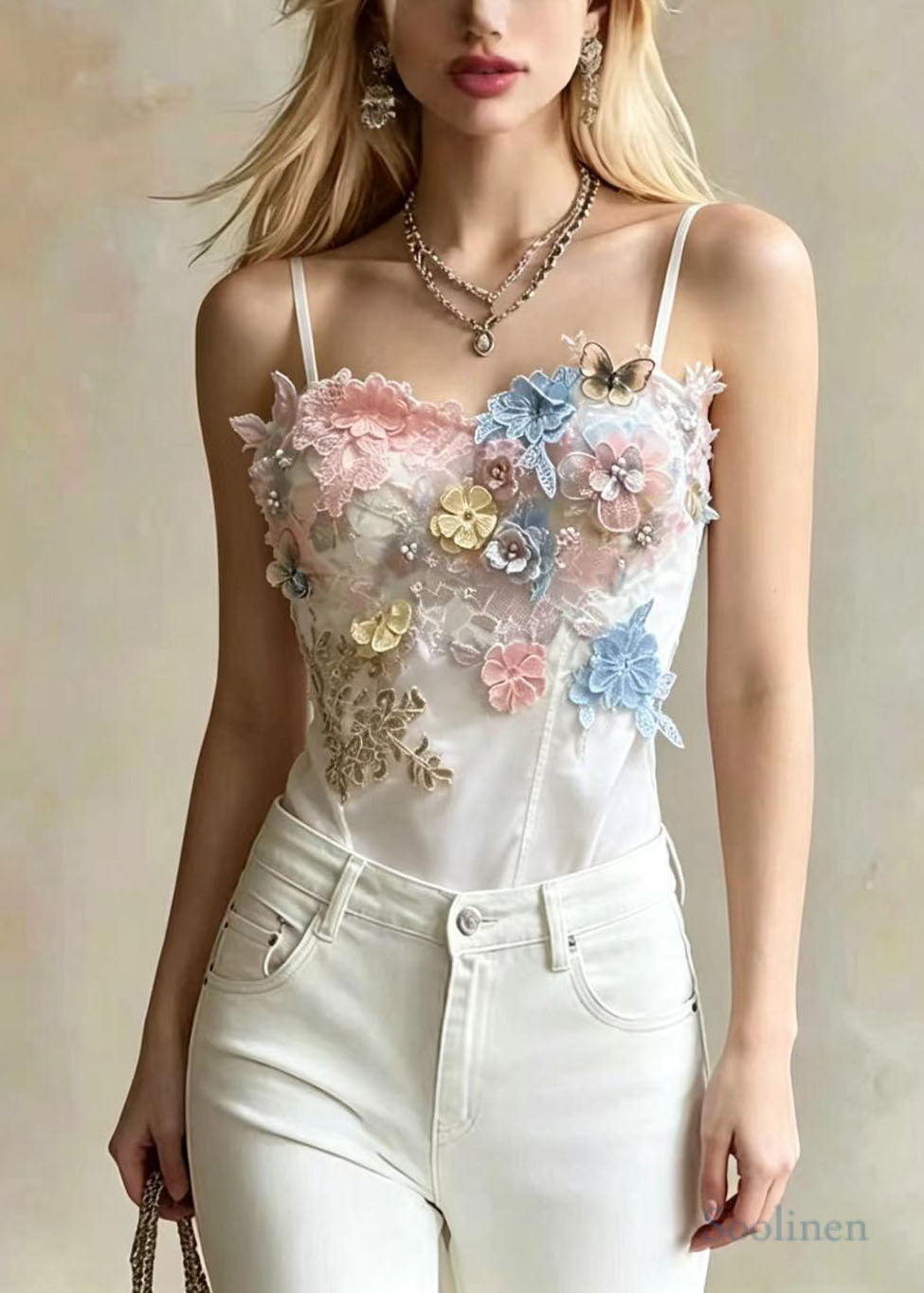 Chic White Embroideried Floral Butterfly Satin Tops Summer
