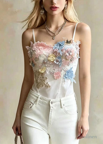 Chic White Embroideried Floral Butterfly Satin Tops Summer