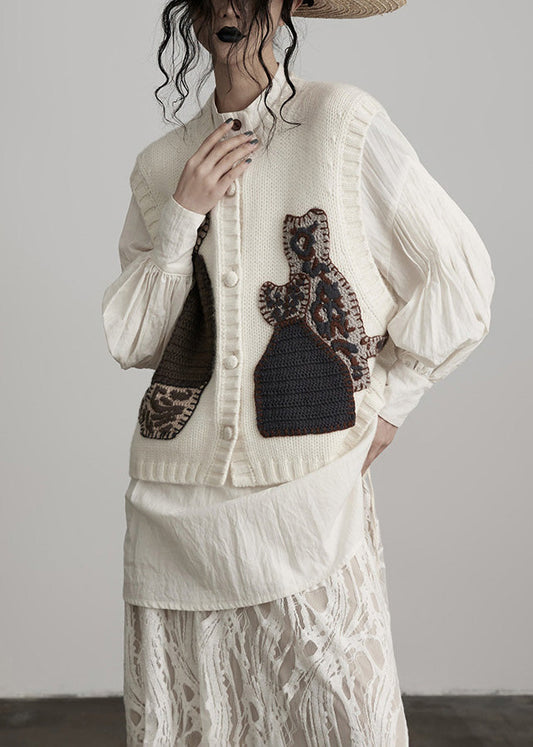 Chic White Embroideried Wool Knit Vests Spring