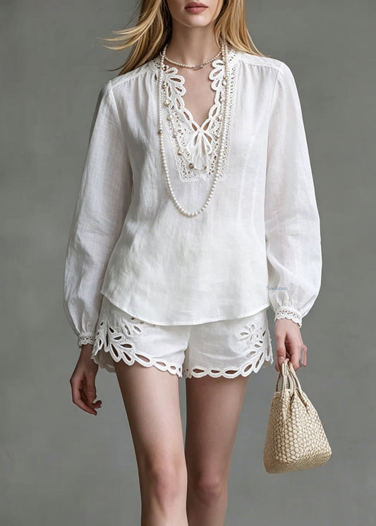 Chic White Hollow Out Top And Shorts Two Pieces Set Lantern Sleeve