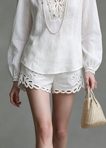 Chic White Hollow Out Top And Shorts Two Pieces Set Lantern Sleeve