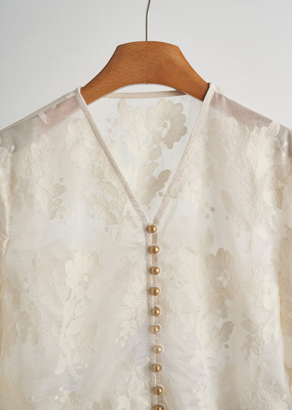 Tops elegantes de encaje con cuentas y uñas de jacquard blanco para primavera