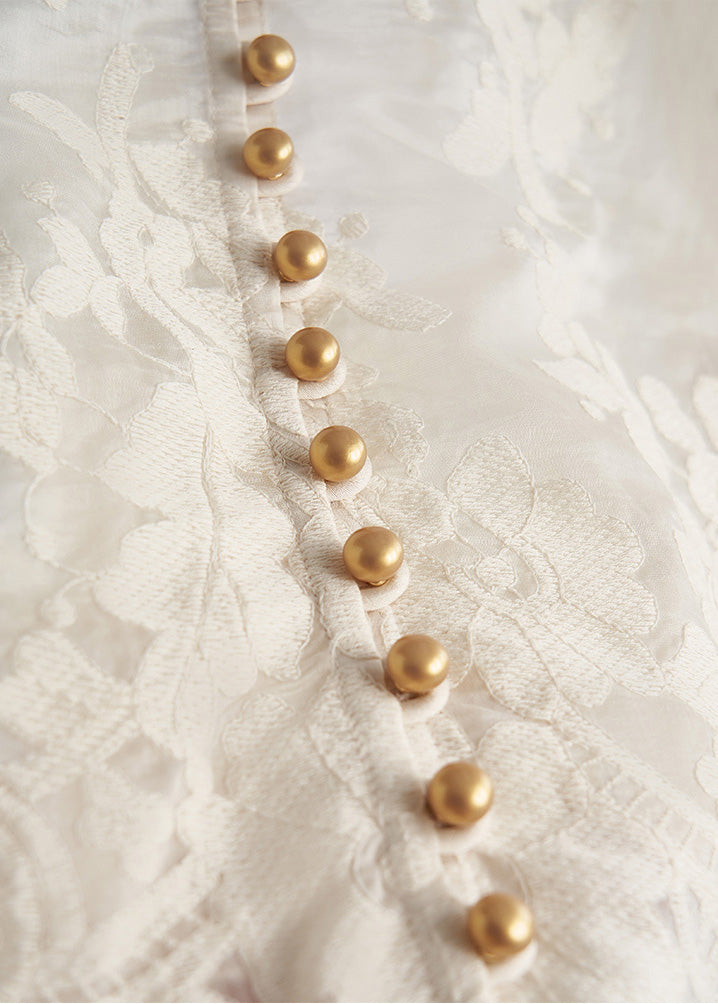 Tops elegantes de encaje con cuentas y uñas de jacquard blanco para primavera