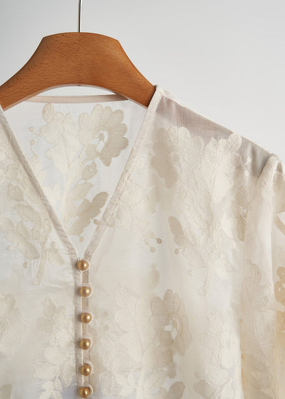 Tops elegantes de encaje con cuentas y uñas de jacquard blanco para primavera