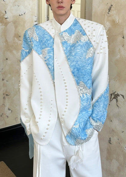 Elegante weiße Patchwork-Baumwollmäntel mit Nagelperlen und Pailletten für Herren im Frühling
