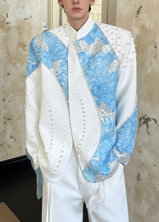 Elegante weiße Patchwork-Baumwollmäntel mit Nagelperlen und Pailletten für Herren im Frühling