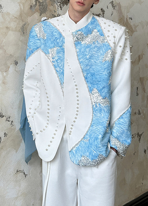 Elegante weiße Patchwork-Baumwollmäntel mit Nagelperlen und Pailletten für Herren im Frühling