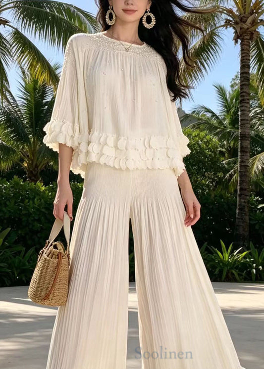 Chic White Nail Bead Wrinkled Petal Two Piece Set Outfits Summer