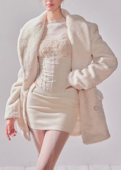 Abrigos elegantes de piel sintética con botones de patchwork y muescas en blanco para invierno