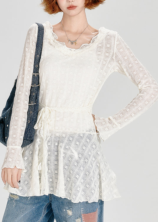Chic White O Neck Lace Up Lace Top Spring