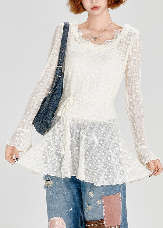 Chic White O Neck Lace Up Lace Top Spring
