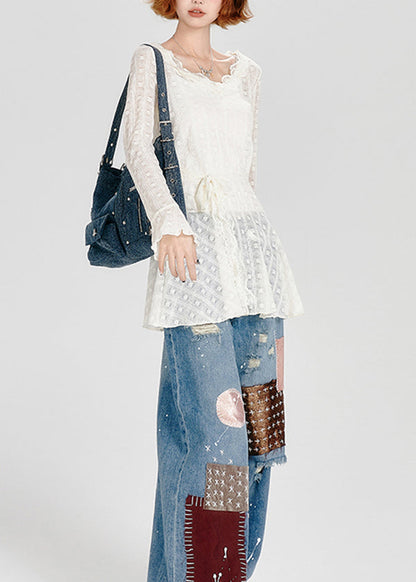 Chic White O Neck Lace Up Lace Top Spring