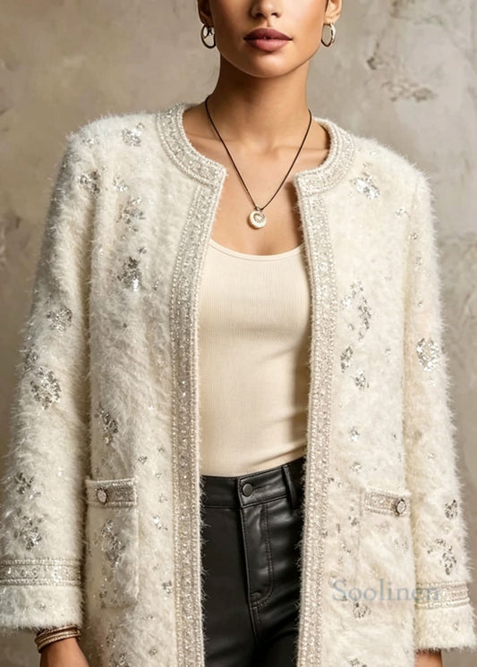 Chic White O Neck Pockets Sequins Duck Down Puffers Jackets Winter