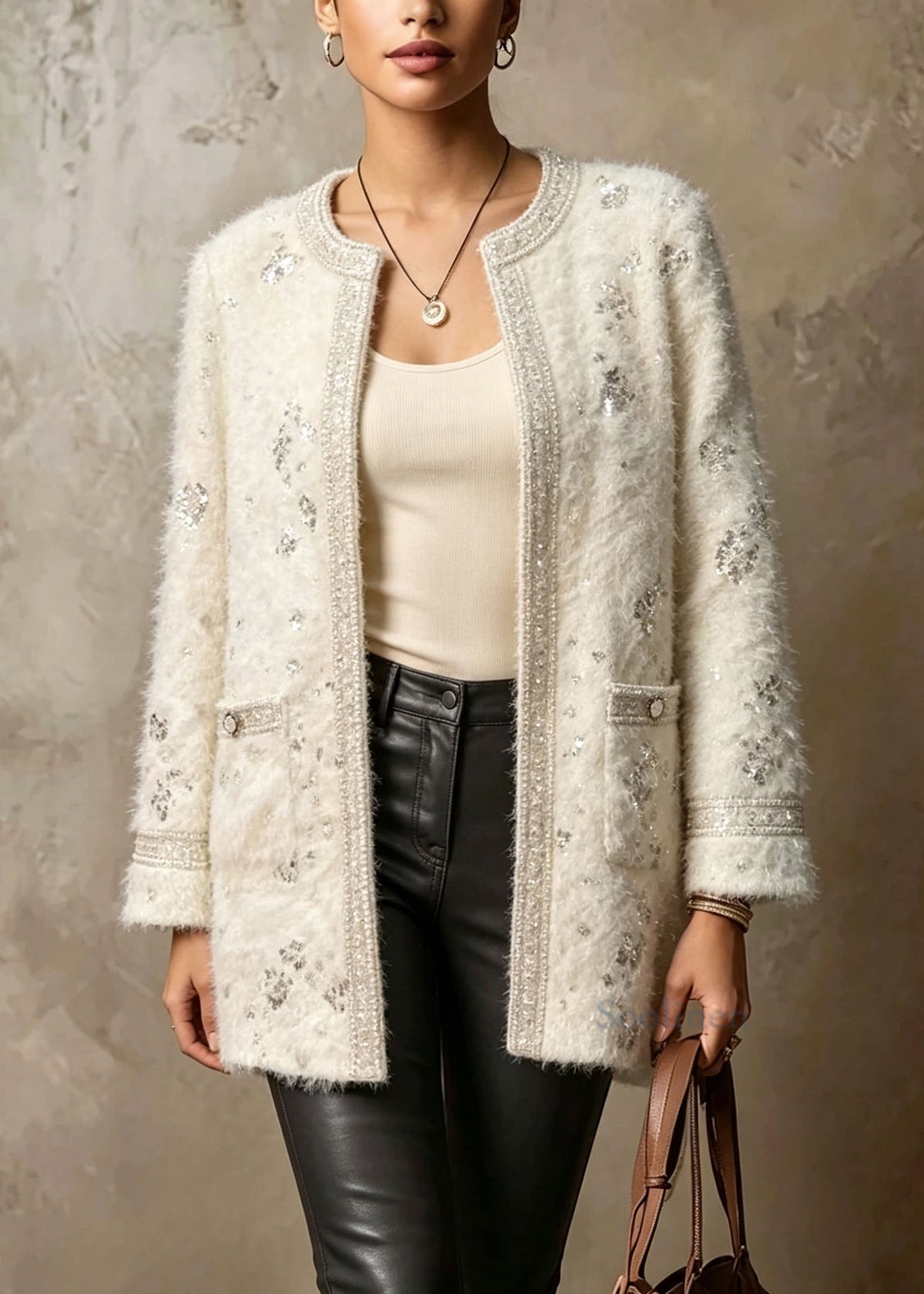 Chic White O Neck Pockets Sequins Duck Down Puffers Jackets Winter