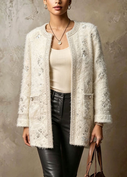 Chic White O Neck Pockets Sequins Duck Down Puffers Jackets Winter