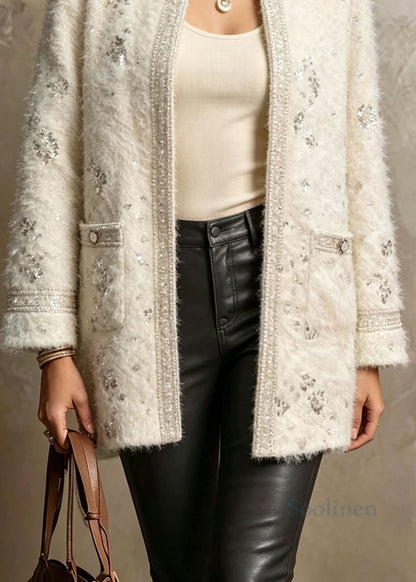 Chic White O Neck Pockets Sequins Duck Down Puffers Jackets Winter