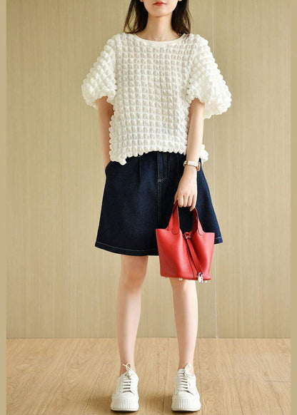 Chic White O-Neck Puff Sleeve Summer Cotton Tops - SooLinen
