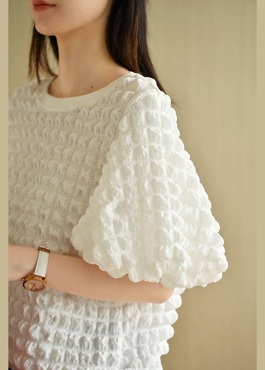 Chic White O-Neck Puff Sleeve Summer Cotton Tops - SooLinen