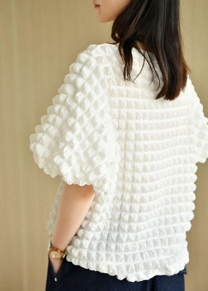 Chic White O-Neck Puff Sleeve Summer Cotton Tops - SooLinen