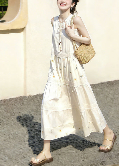 Chic White Patchwork Print O-Neck Lace Up Dresses Sleeveless