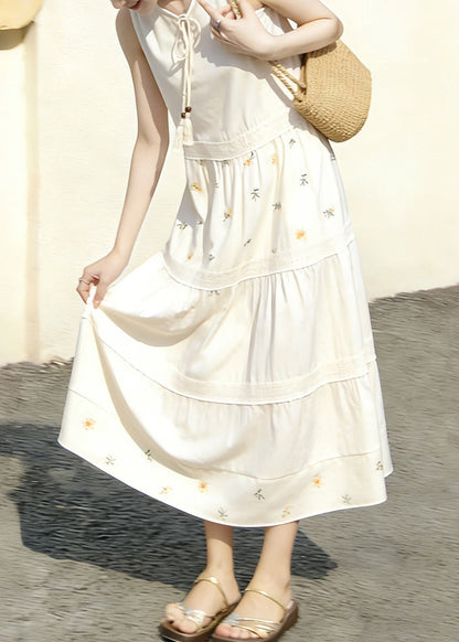 Chic White Patchwork Print O-Neck Lace Up Dresses Sleeveless