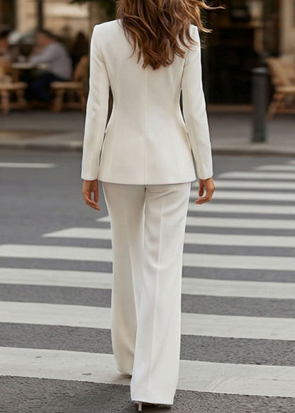 Chic White Petal Blazer Jackets Coat And Pants Cotton Two Pieces Set Fall