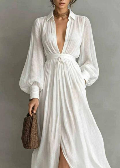 Chic White Peter Pan Collar Tunic Maxi Shirts Dress Lantern Sleeve