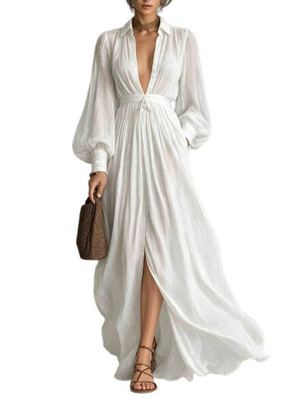 Chic White Peter Pan Collar Tunic Maxi Shirts Dress Lantern Sleeve