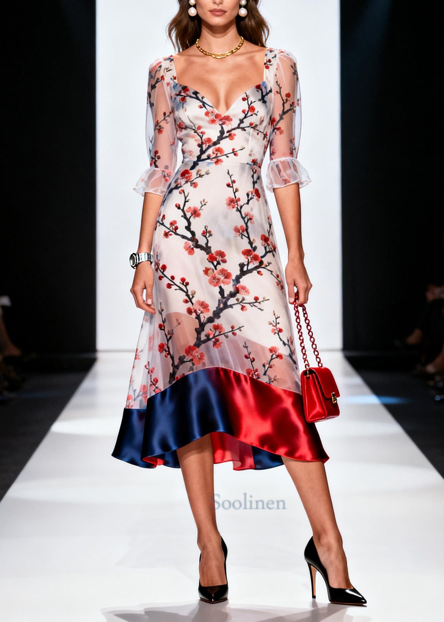 Chic White Print Patchwork Chiffon Vacation Dress Summer