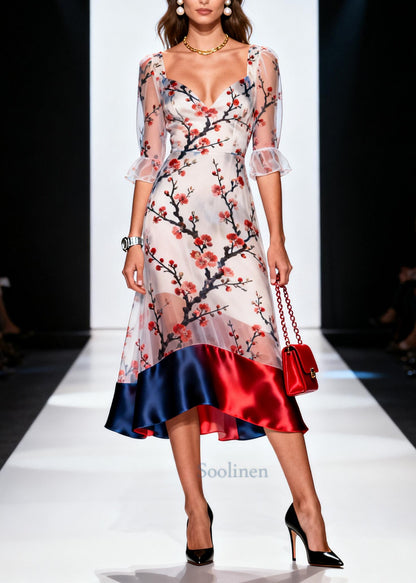 Chic White Print Patchwork Chiffon Vacation Dress Summer
