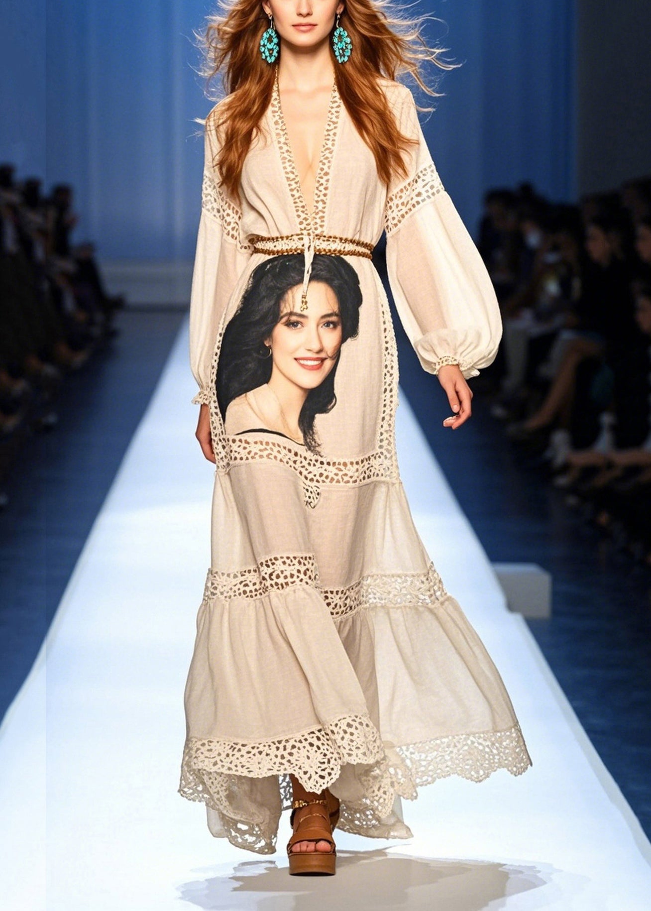 Chic White Print Patchwork Hollow Out Party Dress Summer