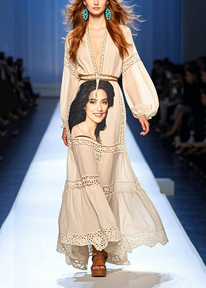 Chic White Print Patchwork Hollow Out Party Dress Summer