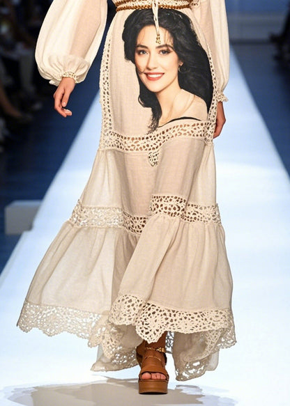 Chic White Print Patchwork Hollow Out Party Dress Summer